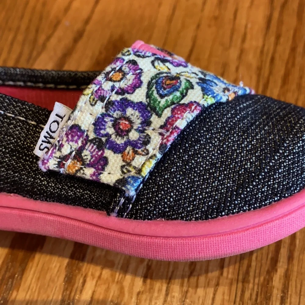 Toms Kids Floral Denim Slip-On Shoes - Pink, Blue, Black
